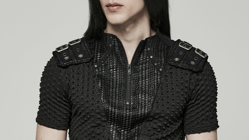 Close-up of Urban Punk Short Tee featuring edgy mesh panels and tactical shoulder straps.