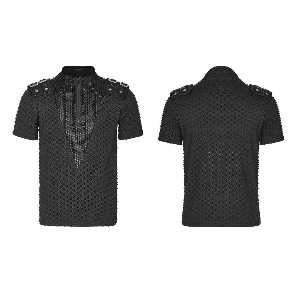 Edgy Mesh-Paneled Punk Tee with Tactical Shoulder Straps - HARD'N'HEAVY