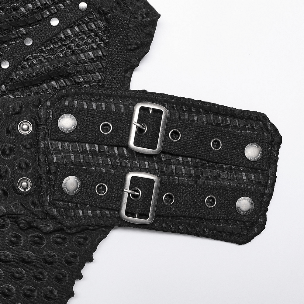 Close-up of tactical shoulder straps with buckles, showcasing edgy mesh details and punk style.