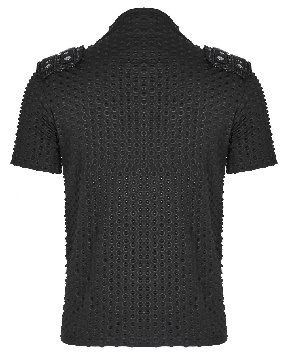 Edgy black mesh-paneled punk tee with tactical shoulder straps, perfect for a bold urban look.