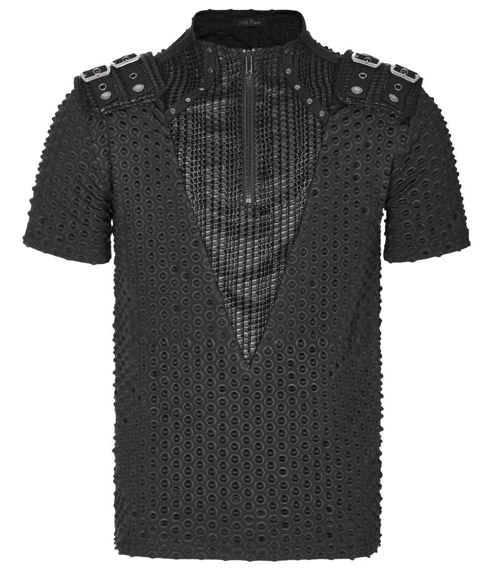 Edgy black punk tee with mesh detailing, V-neck, and tactical shoulder straps for urban style.