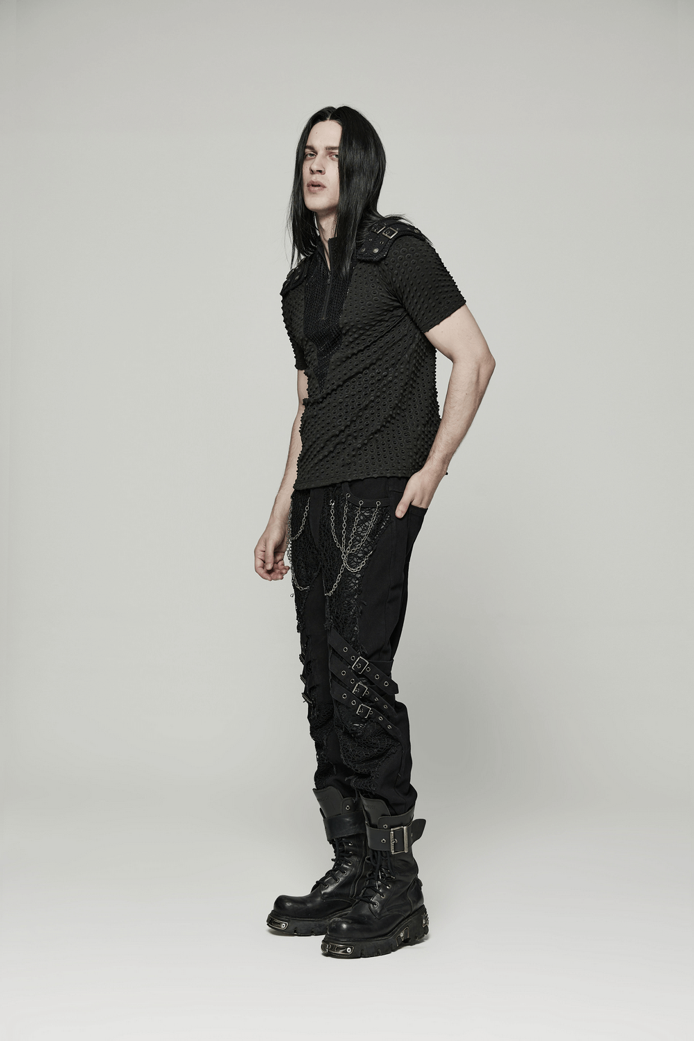 Edgy Mesh-Paneled Punk Tee with Tactical Shoulder Straps - HARD'N'HEAVY