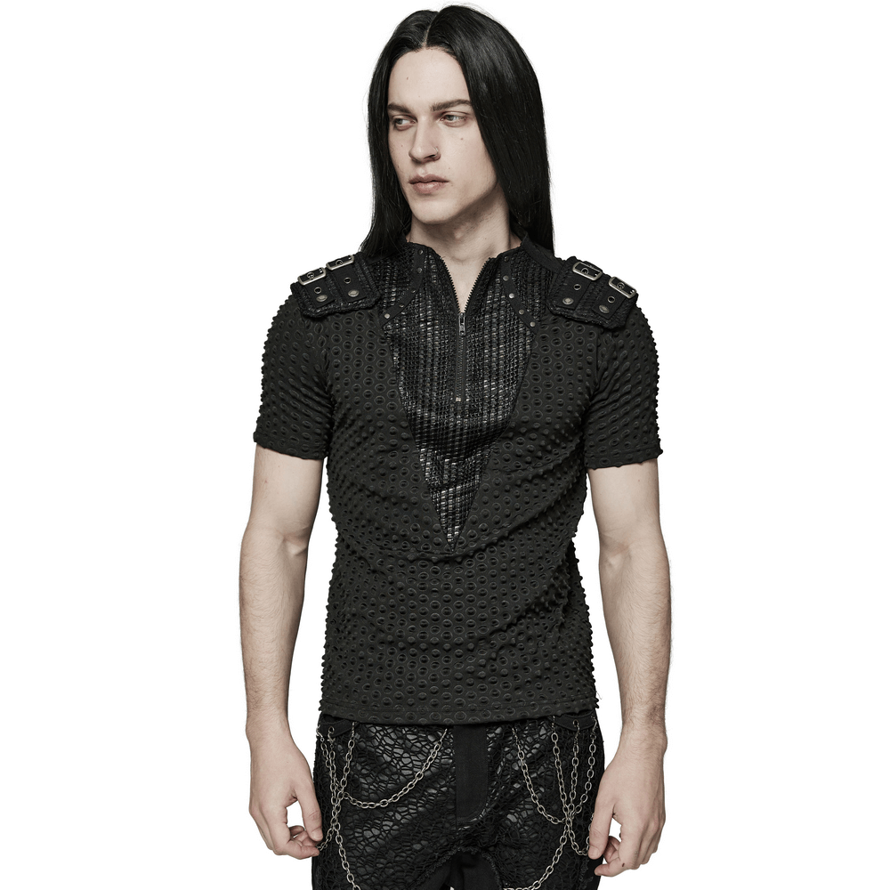 Edgy Mesh-Paneled Punk Tee with Tactical Shoulder Straps - HARD'N'HEAVY