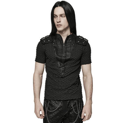 Edgy Mesh-Paneled Punk Tee with Tactical Shoulder Straps
