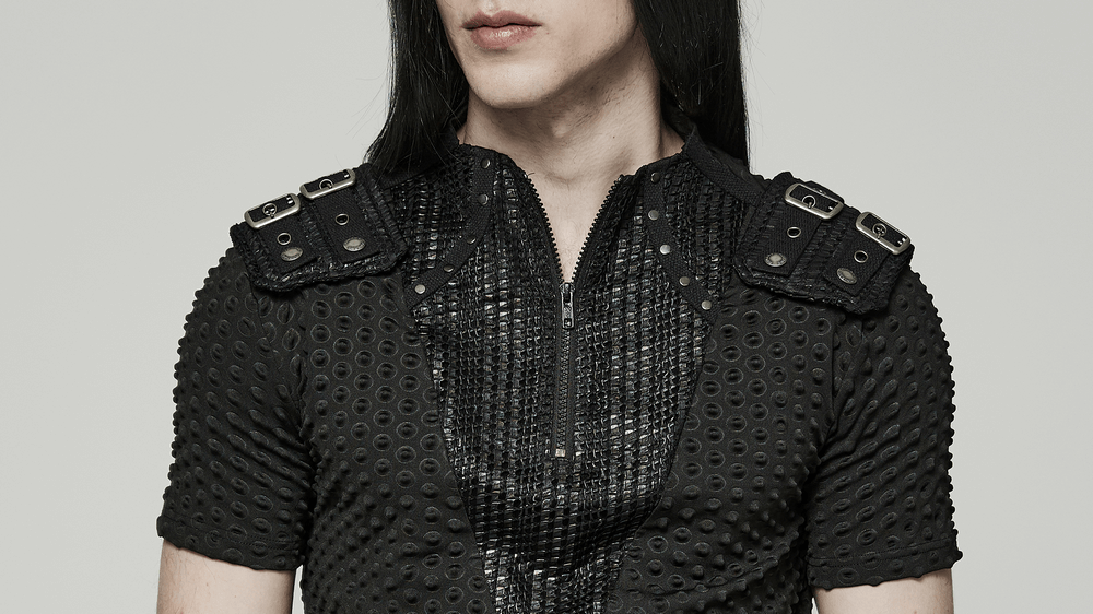 Edgy Mesh-Paneled Punk Tee with Tactical Shoulder Straps - HARD'N'HEAVY
