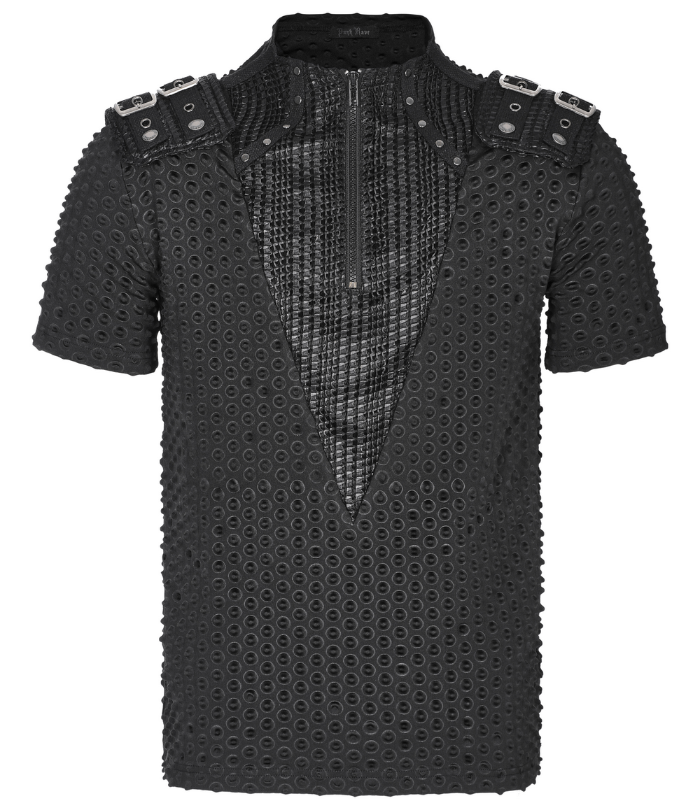 Edgy Mesh-Paneled Punk Tee with Tactical Shoulder Straps - HARD'N'HEAVY