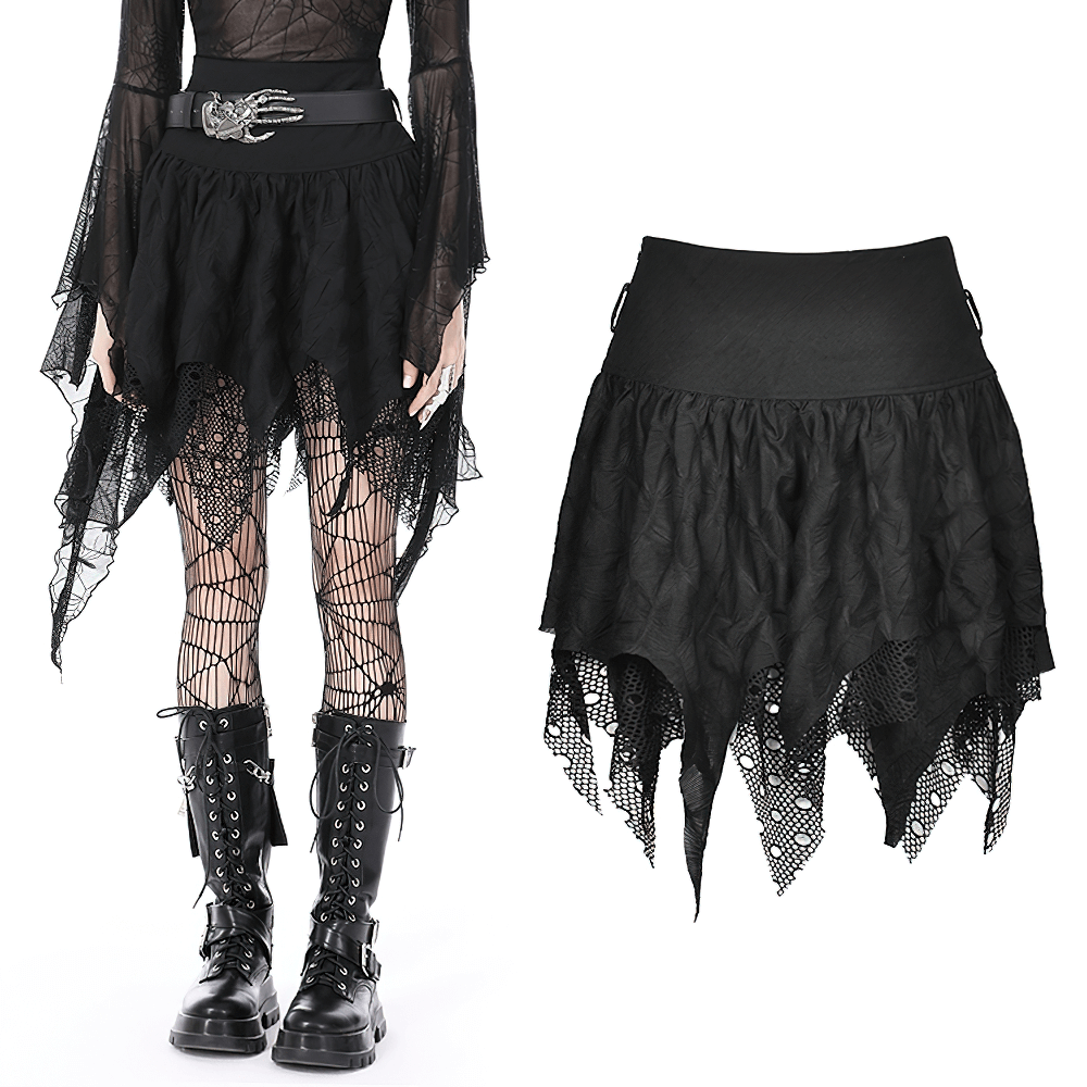 Edgy black mesh skirt with lace trim and irregular hem, perfect for gothic style, layered over tights or leggings.