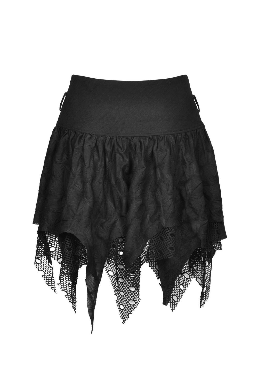 Edgy black mesh skirt with lace trim and irregular hem for a gothic romantic style.