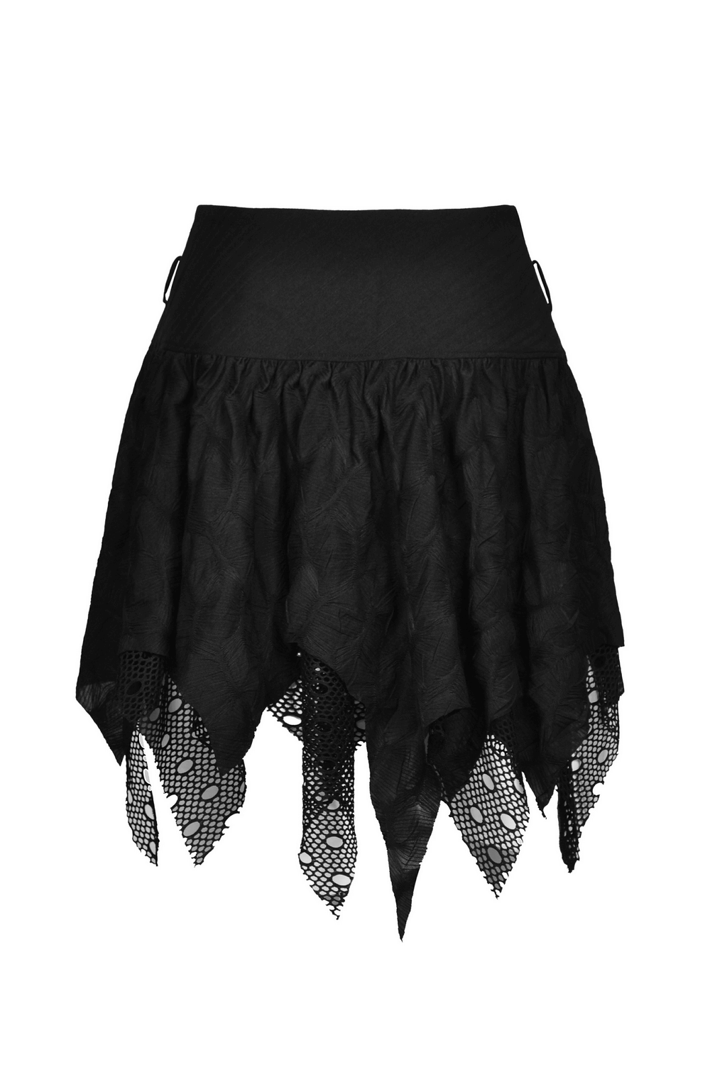 Edgy black mesh skirt with lace trim and irregular hem for a dark, romantic look.