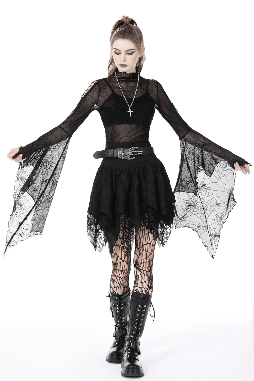 Gothic style woman in black lace mesh top and edgy skirt, wearing fishnet tights and combat boots, exuding dark romance.