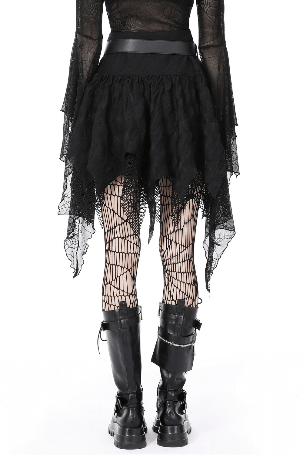 Back view of edgy black mesh skirt with lace trim, layered over fishnet tights and chunky boots for a bold gothic look.