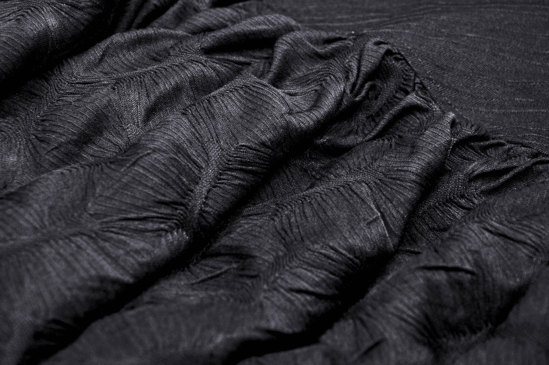 Close-up of textured black mesh fabric, showcasing the intricate details of a gothic-inspired skirt.