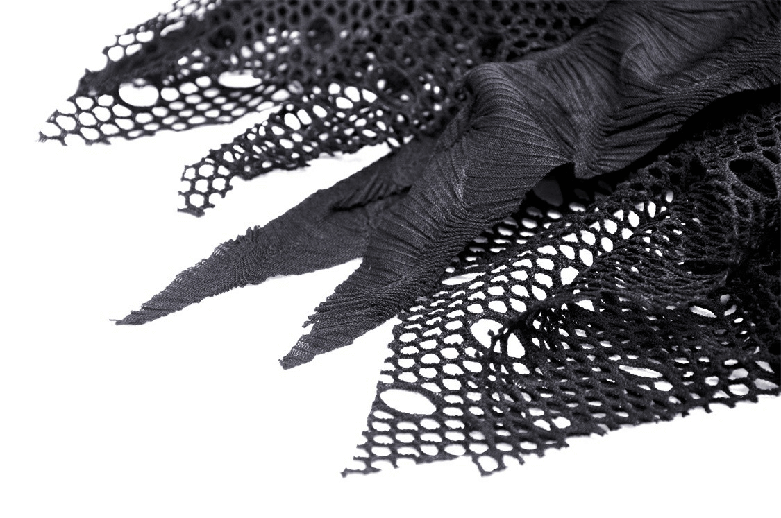 Close-up of edgy black lace mesh fabric with irregular hem, perfect for gothic-inspired outfits.