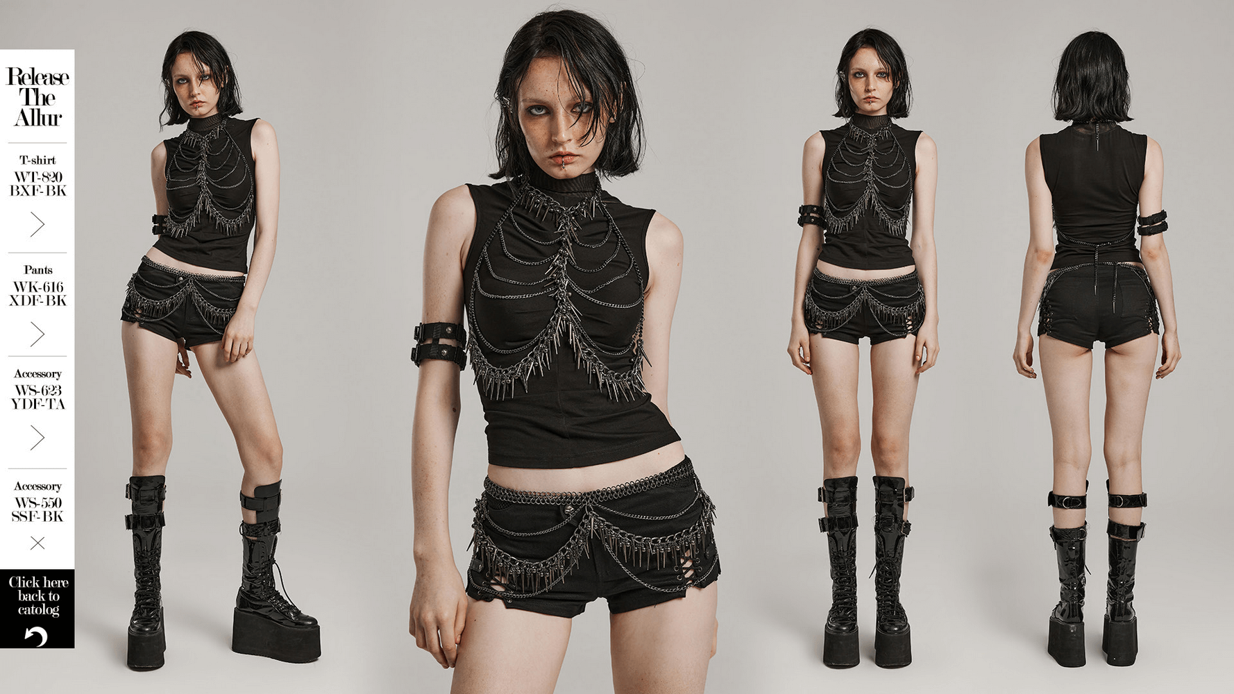 Punk metal chain harness top with rivet detailing showcased from multiple angles, perfect edgy fashion statement.