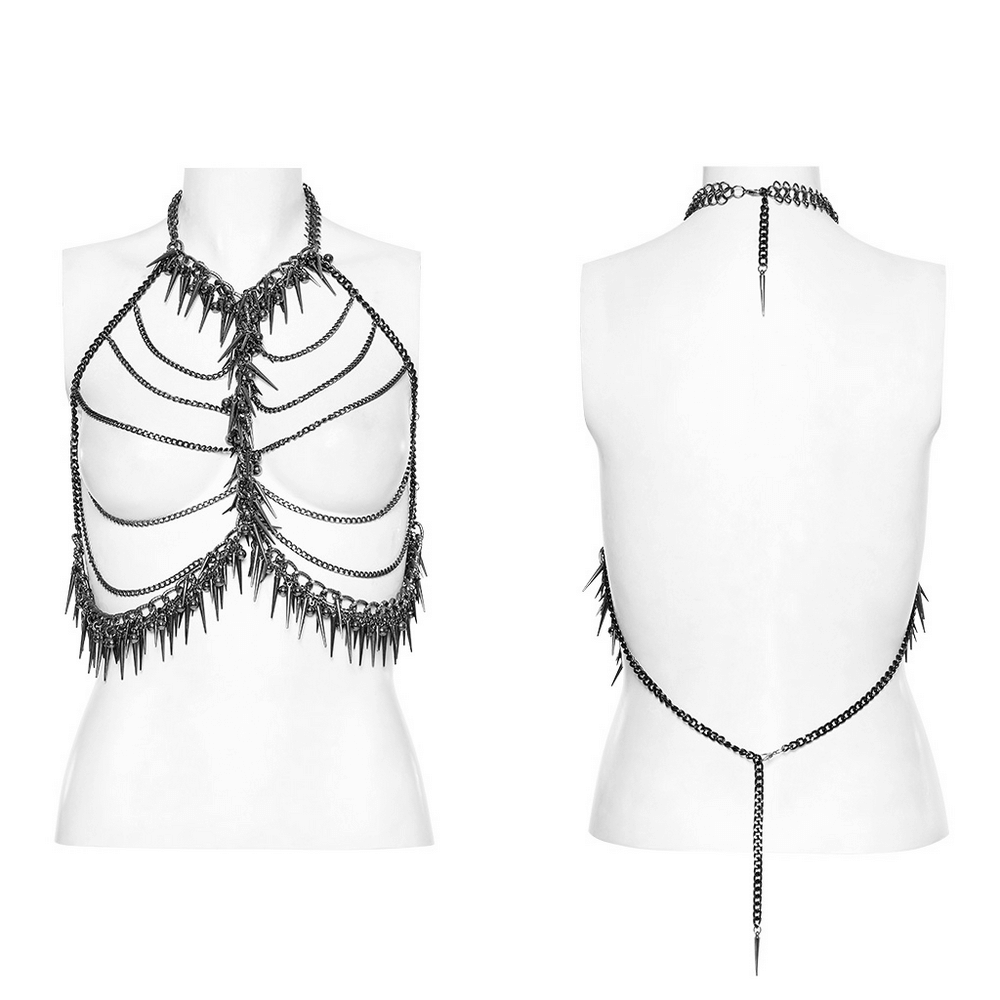 Edgy metal chain harness with rivet detailing on display, showcasing a punk fashion statement piece.