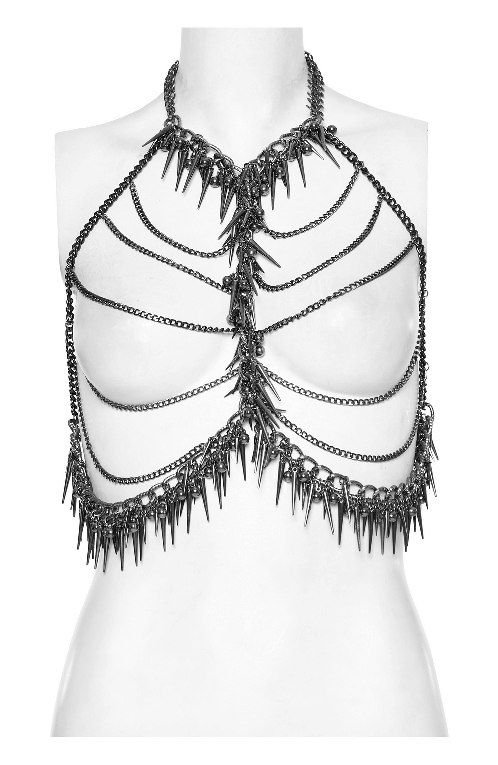 Edgy metal chain harness with rivet detailing, perfect for bold punk fashion statements.