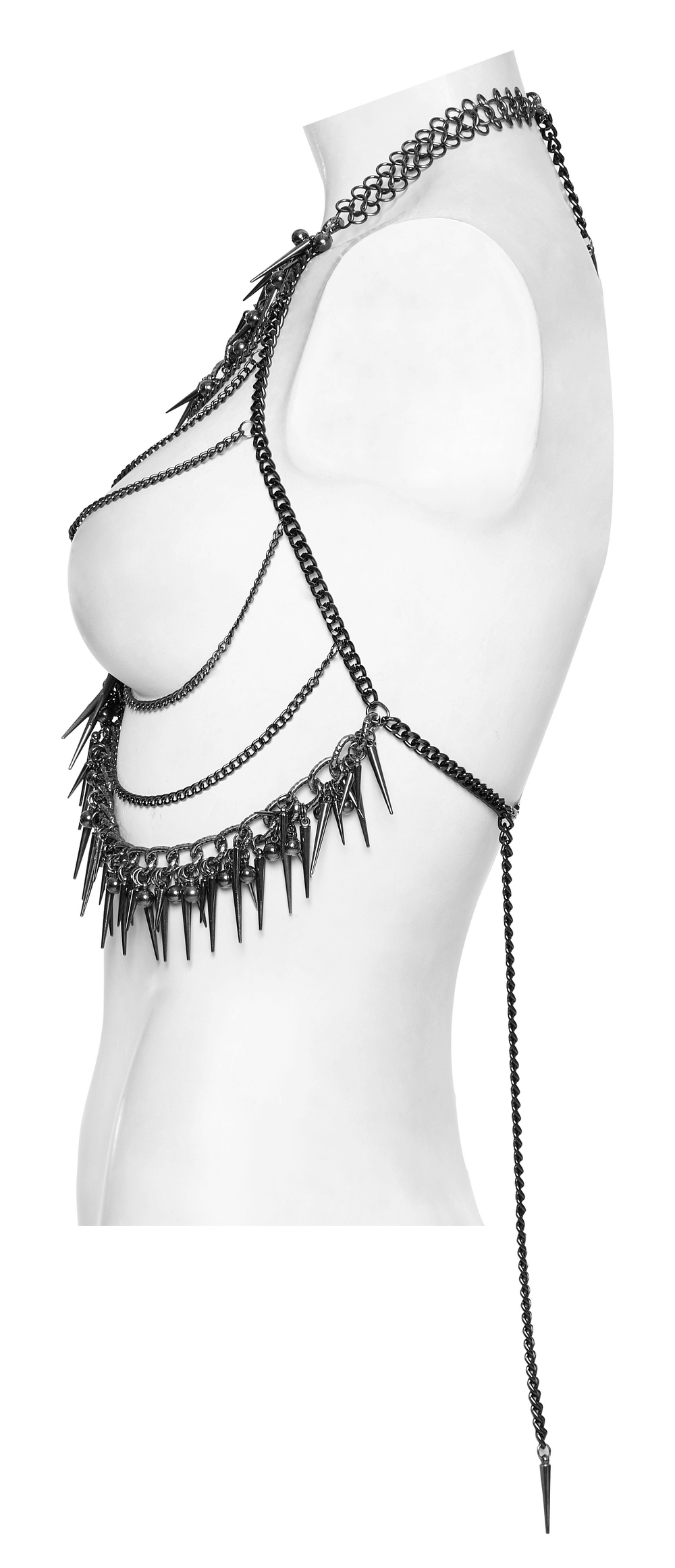 Punk metal chain harness with rivet detailing, rib shape, and adjustable fit for bold fashion statements.