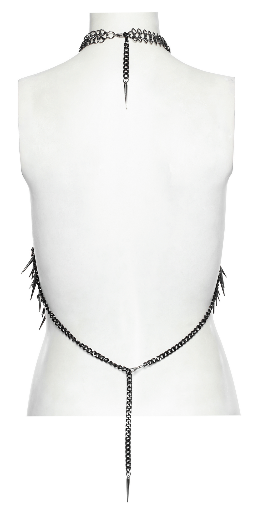 Back view of edgy metal chain harness with rivets, showcasing unique design and adjustable fit for bold fashion.