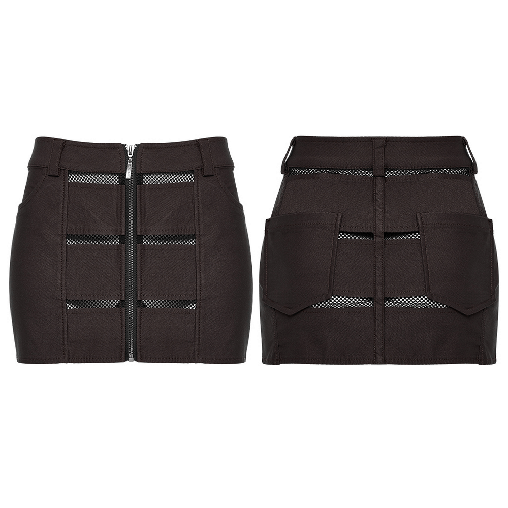 Edgy mini denim skirt with mesh pockets and zipper details, showcasing a punk rock style and flattering fit.