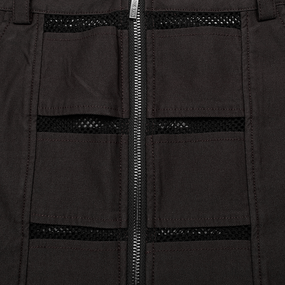 Edgy Mini Denim Skirt with Mesh Pockets And Zipper