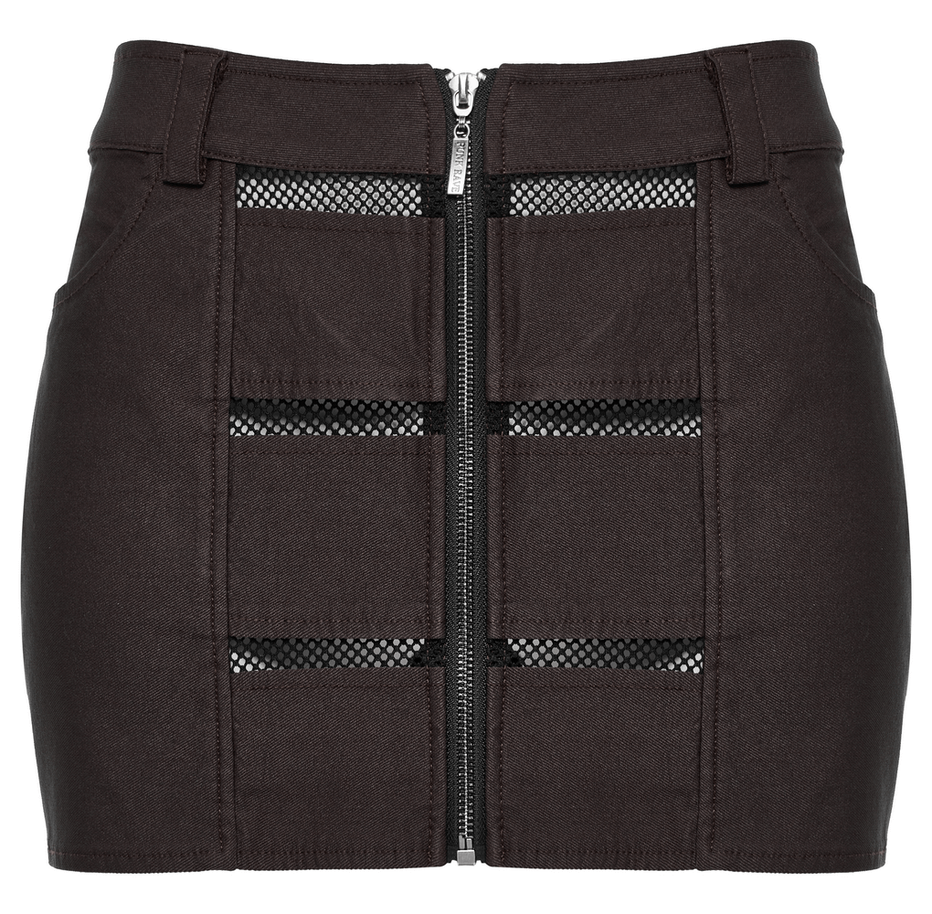 Edgy mini denim skirt with mesh pockets and front zipper, perfect for punk rock fashion.