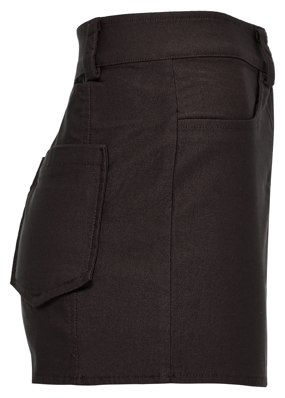 Side view of an edgy mini denim skirt featuring mesh pockets and a stylish design, perfect for a punk rock look.