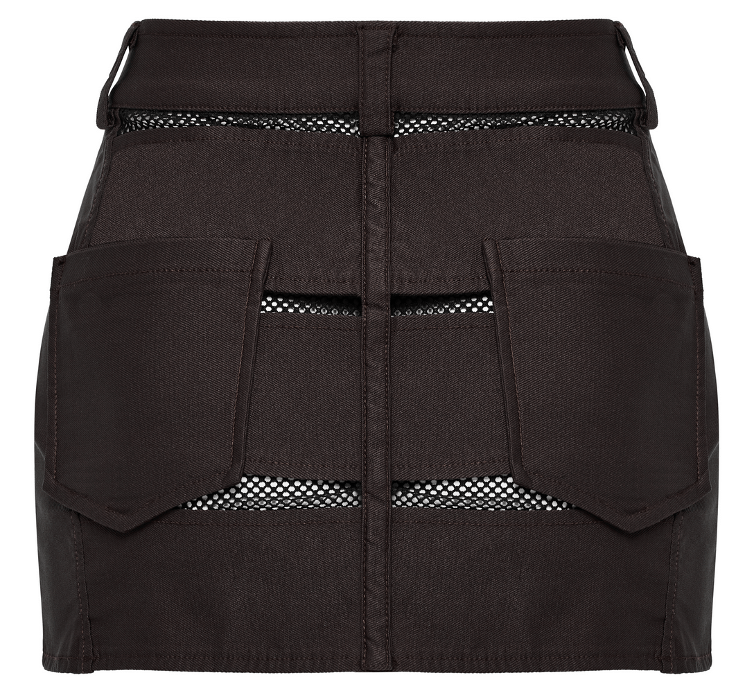 Edgy mini denim skirt with mesh pockets and zipper, featuring a punk rock design and flattering slim fit.