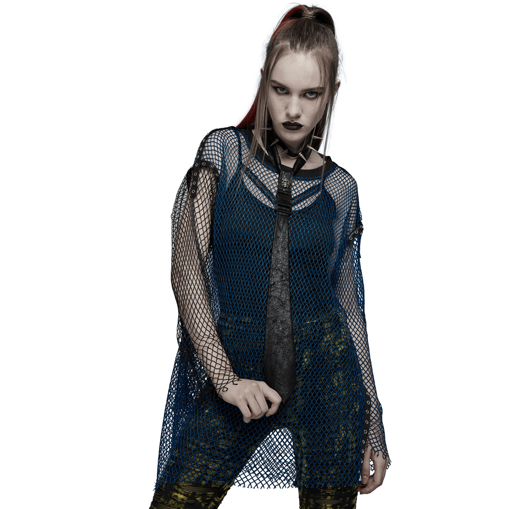 Edgy Netted Punk Asymmetrical Loose Long Top for Women - HARD'N'HEAVY