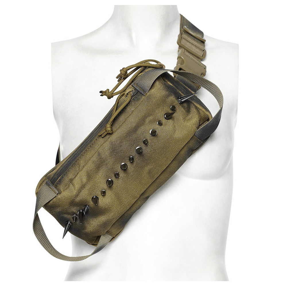 Edgy nylon spiked shoulder bag in olive, featuring bold brushed spikes for a punk streetwear look.