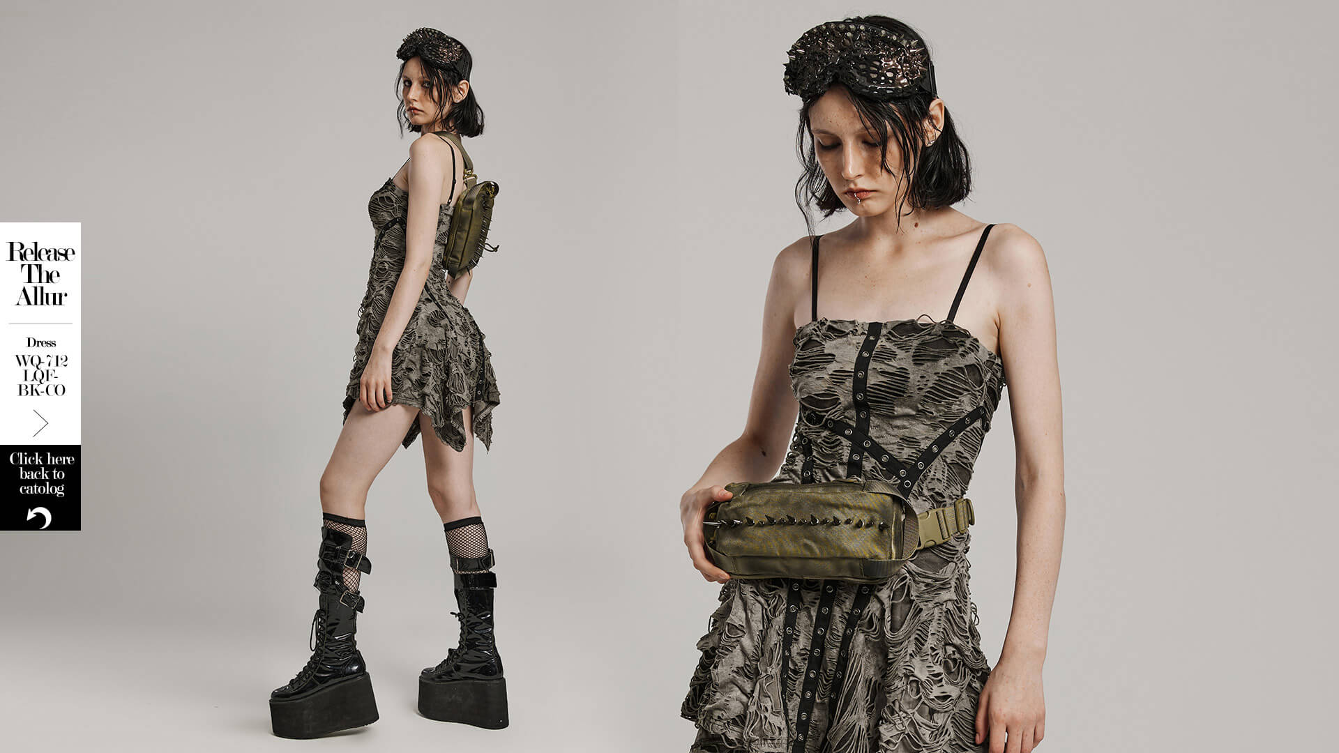 Model showcasing an edgy nylon spiked shoulder bag with alternative fashion outfit for streetwear style.