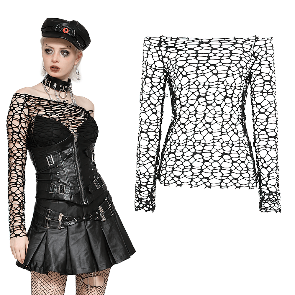 Gothic black sheer top with spiderweb pattern and edgy open-knit design, perfect for bold fashion statements.