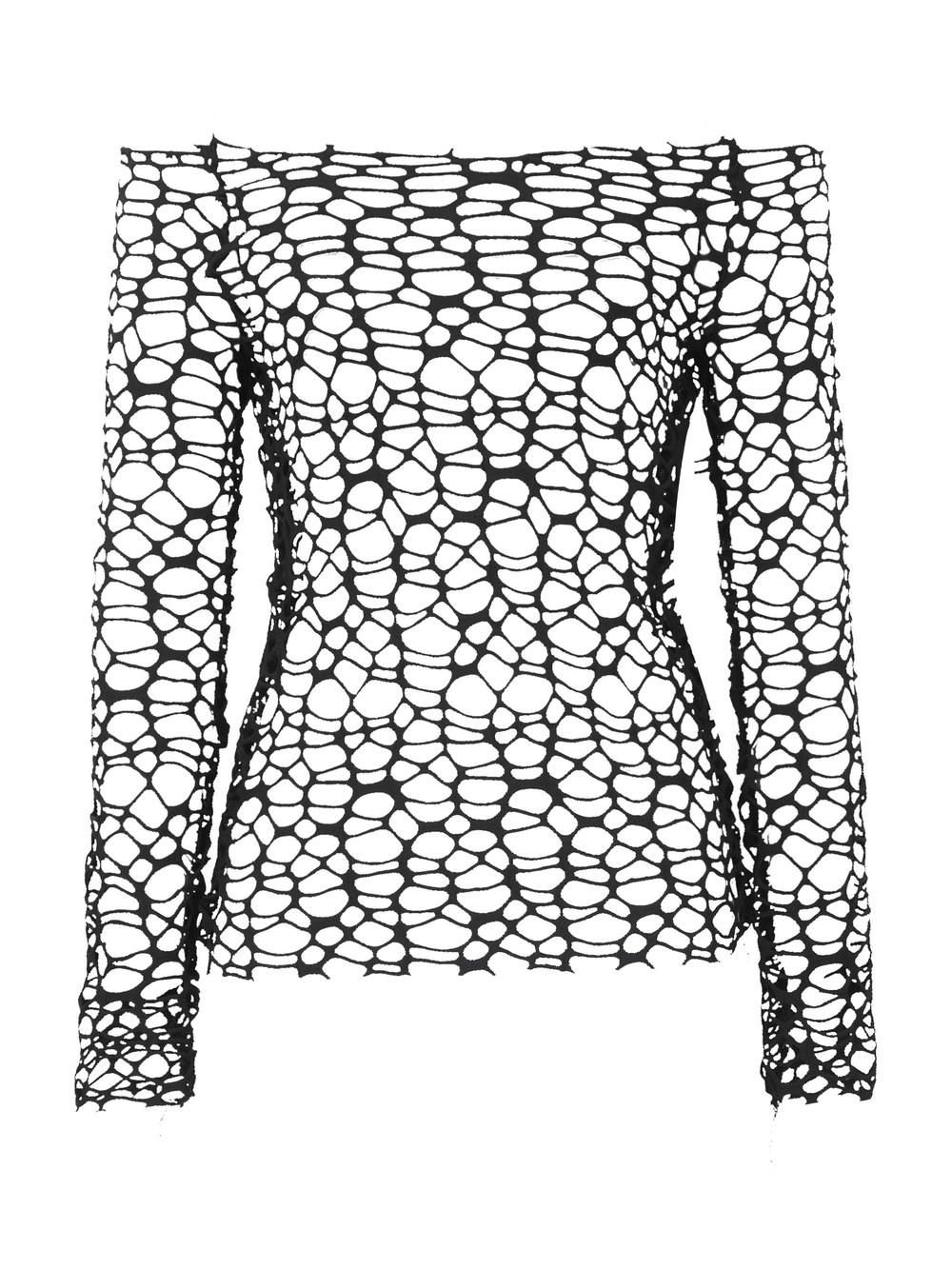 Edgy open-knit mesh top with spiderweb pattern and sheer sleeves for a bold gothic look.