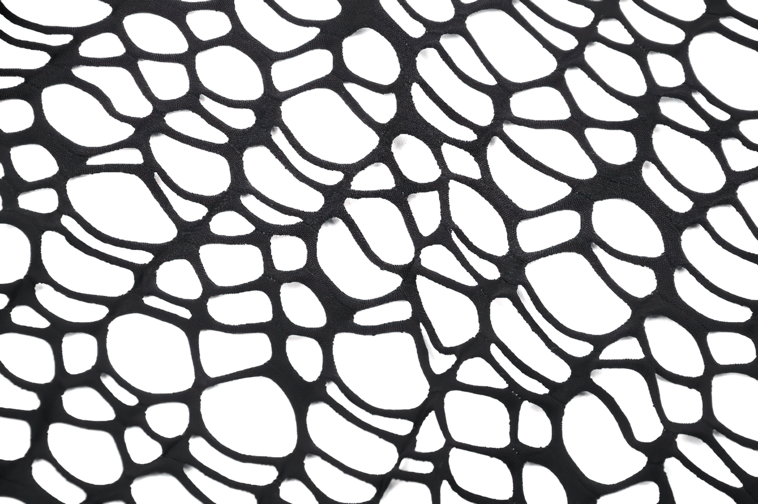 Close-up of a black spiderweb pattern on an edgy open-knit mesh fabric, showcasing gothic design and texture.