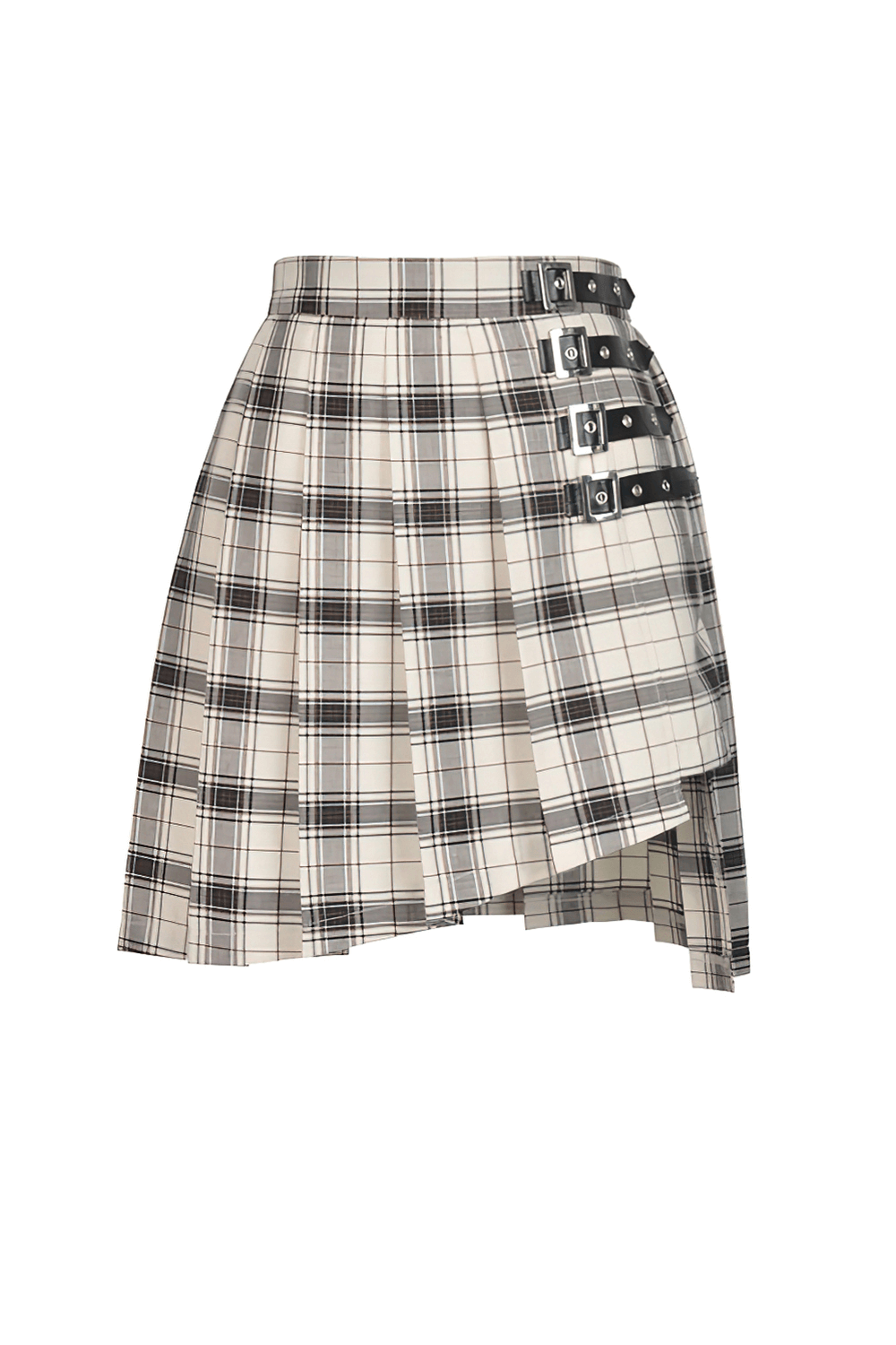 Edgy plaid asymmetrical skirt with bold buckles, perfect for a trendy fashion statement.