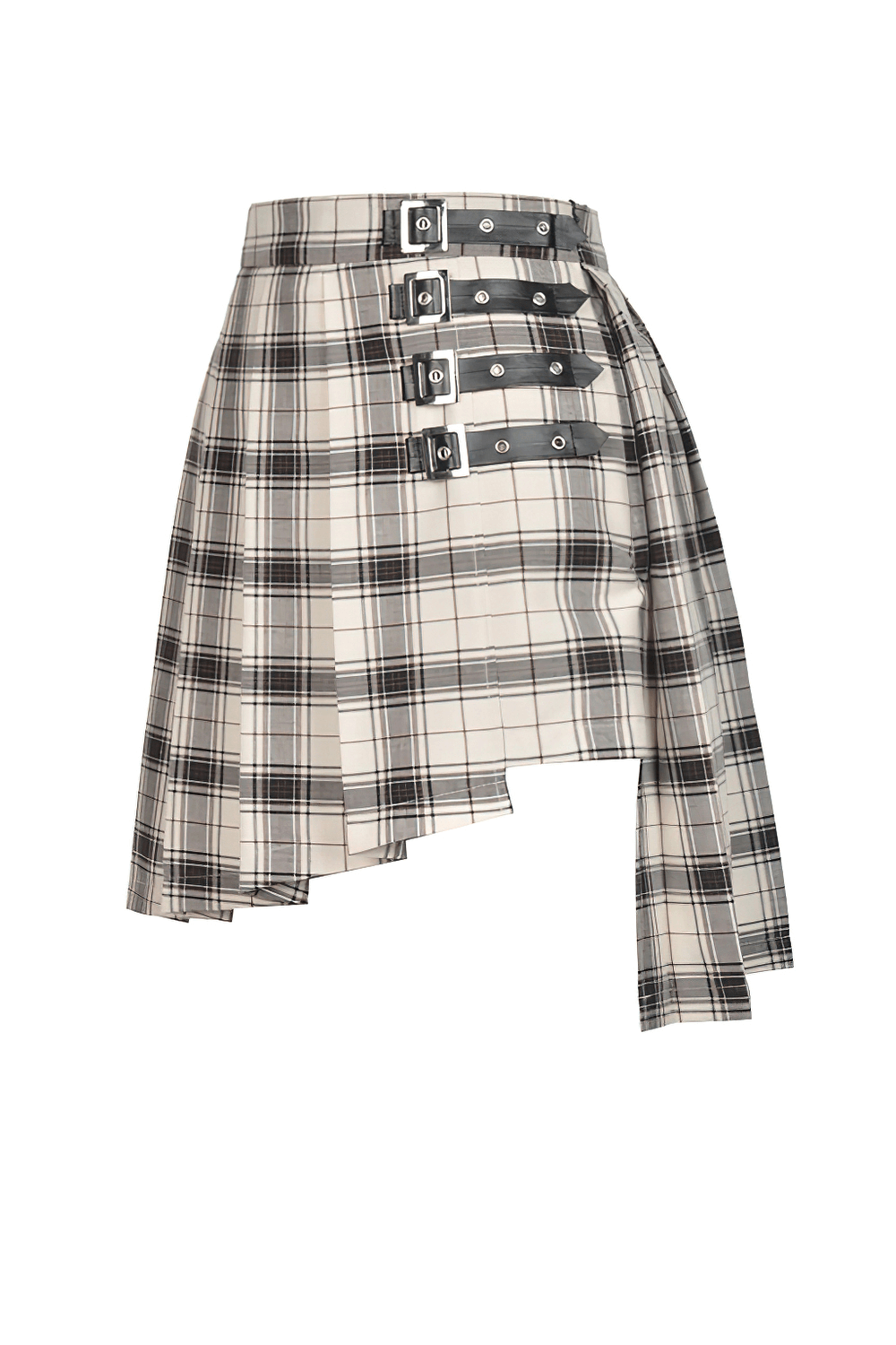 Edgy Plaid Asymmetrical Skirt with Bold Buckles