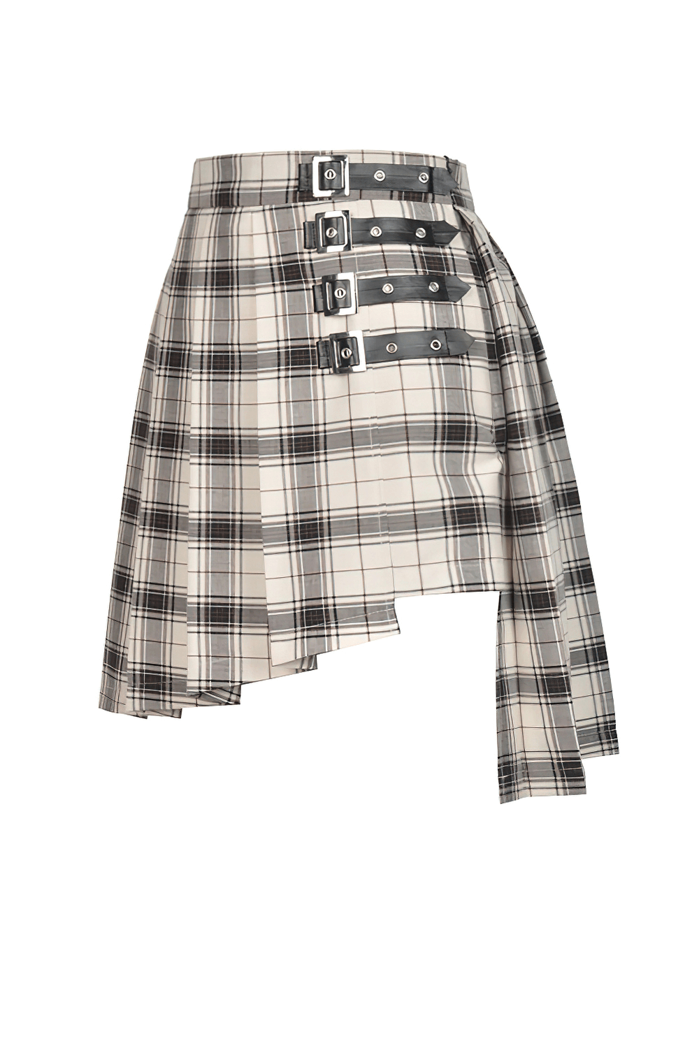 Edgy plaid asymmetrical skirt with bold buckle details perfect for a trendy fashion statement.