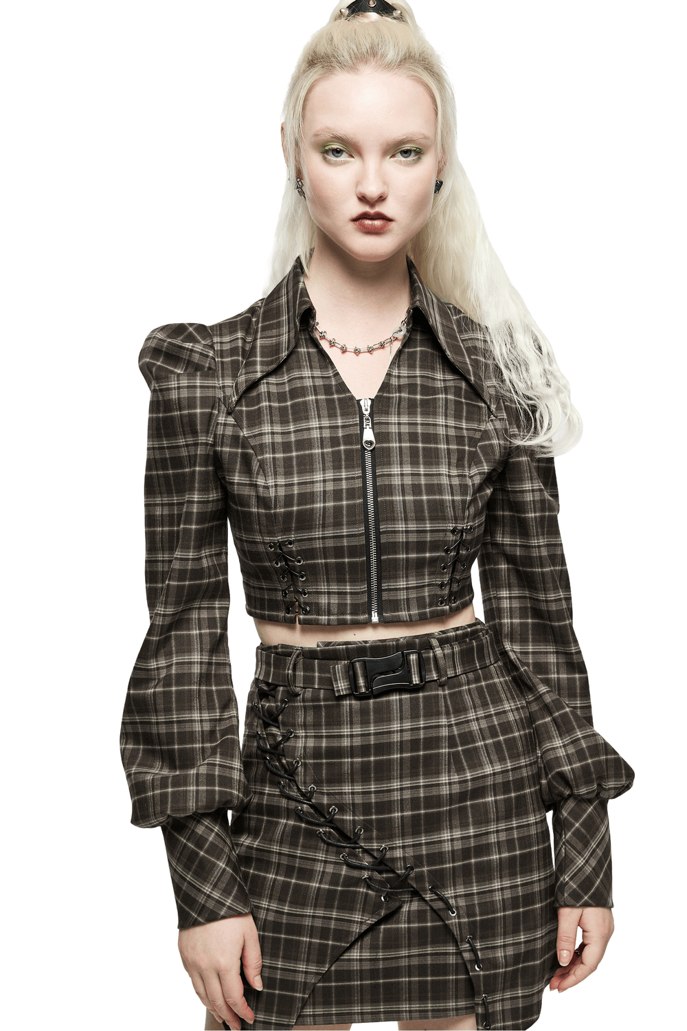 Edgy Plaid Zip Crop Top with Long Bubble Sleeves