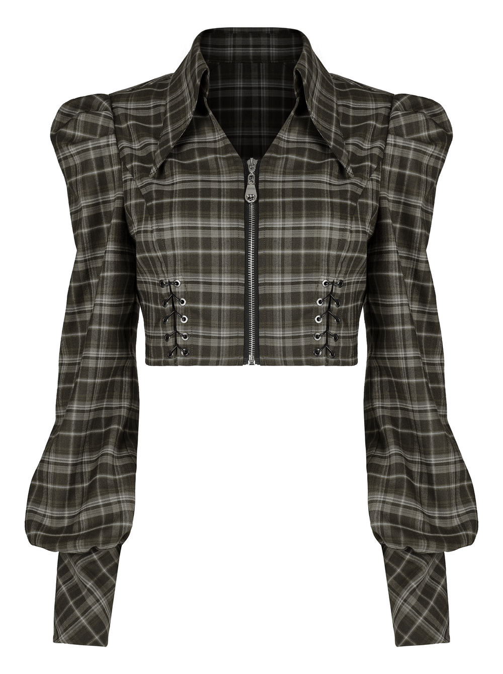 Edgy Plaid Zip Crop Top with Long Bubble Sleeves