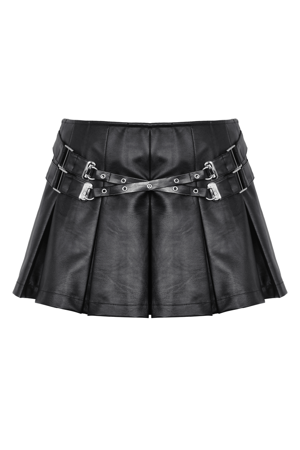 Edgy pleated faux leather mini skirt with metallic buckle details and adjustable straps. Perfect for punk-inspired outfits.