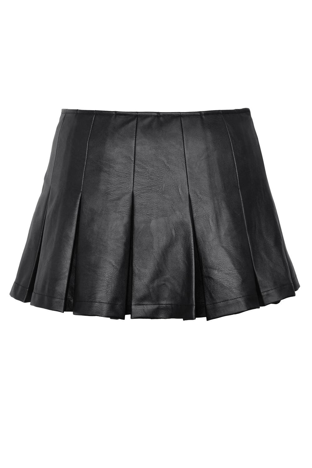 Edgy pleated faux leather mini skirt with stylish belt details and punk-inspired design. Perfect for alternative fashion.