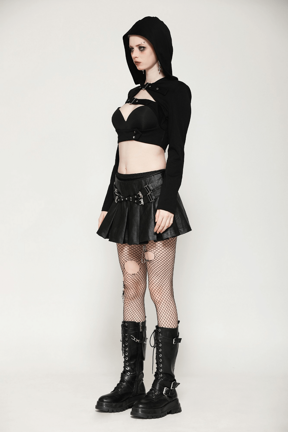 Fishnet Outfit Combat Boots And Fishnets Edgy Pleated Faux Leather