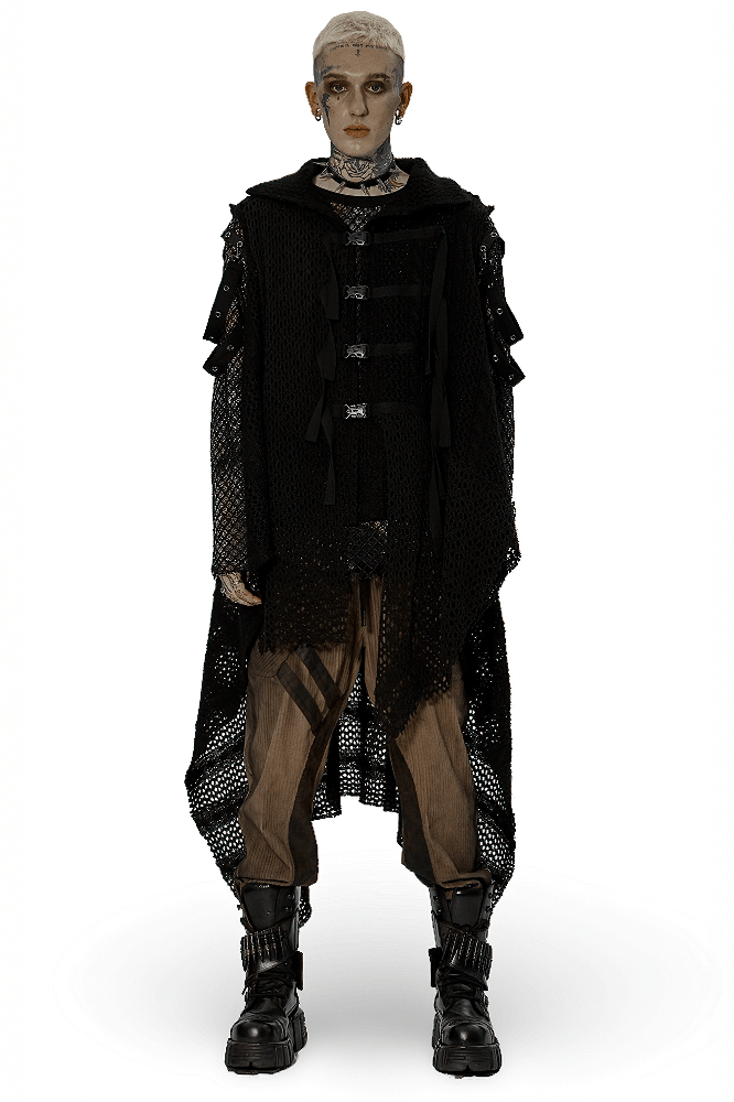 Edgy post-apocalyptic knitted gauze cape with webbing detail, featuring unique splicing and functional buttons.