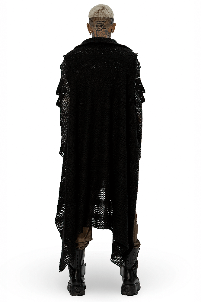 Back view of edgy post-apocalyptic knitted gauze cape featuring webbing and unique splicing details.