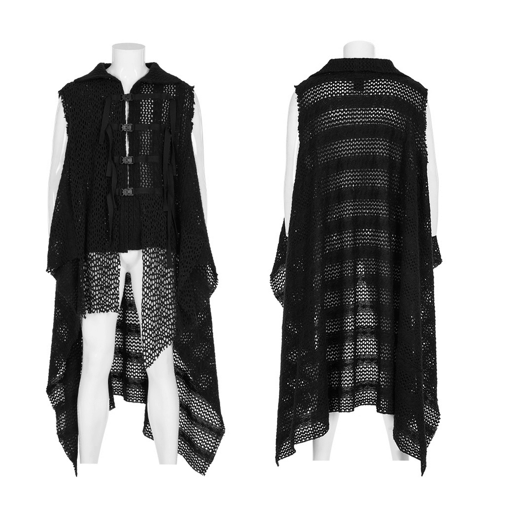Edgy post-apocalyptic knitted gauze cape with webbing detail and functional buttons in black.