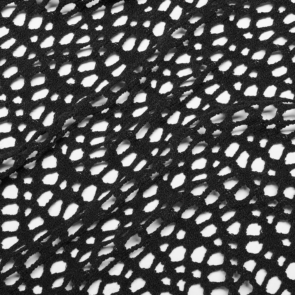 Close-up of textured black knitted gauze, showcasing intricate patterns ideal for edgy, post-apocalyptic fashion.