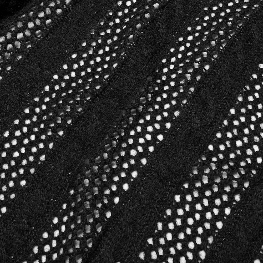 Close-up of edgy black knitted gauze fabric, showcasing detailed webbing and spliced texture for a post-apocalyptic look.