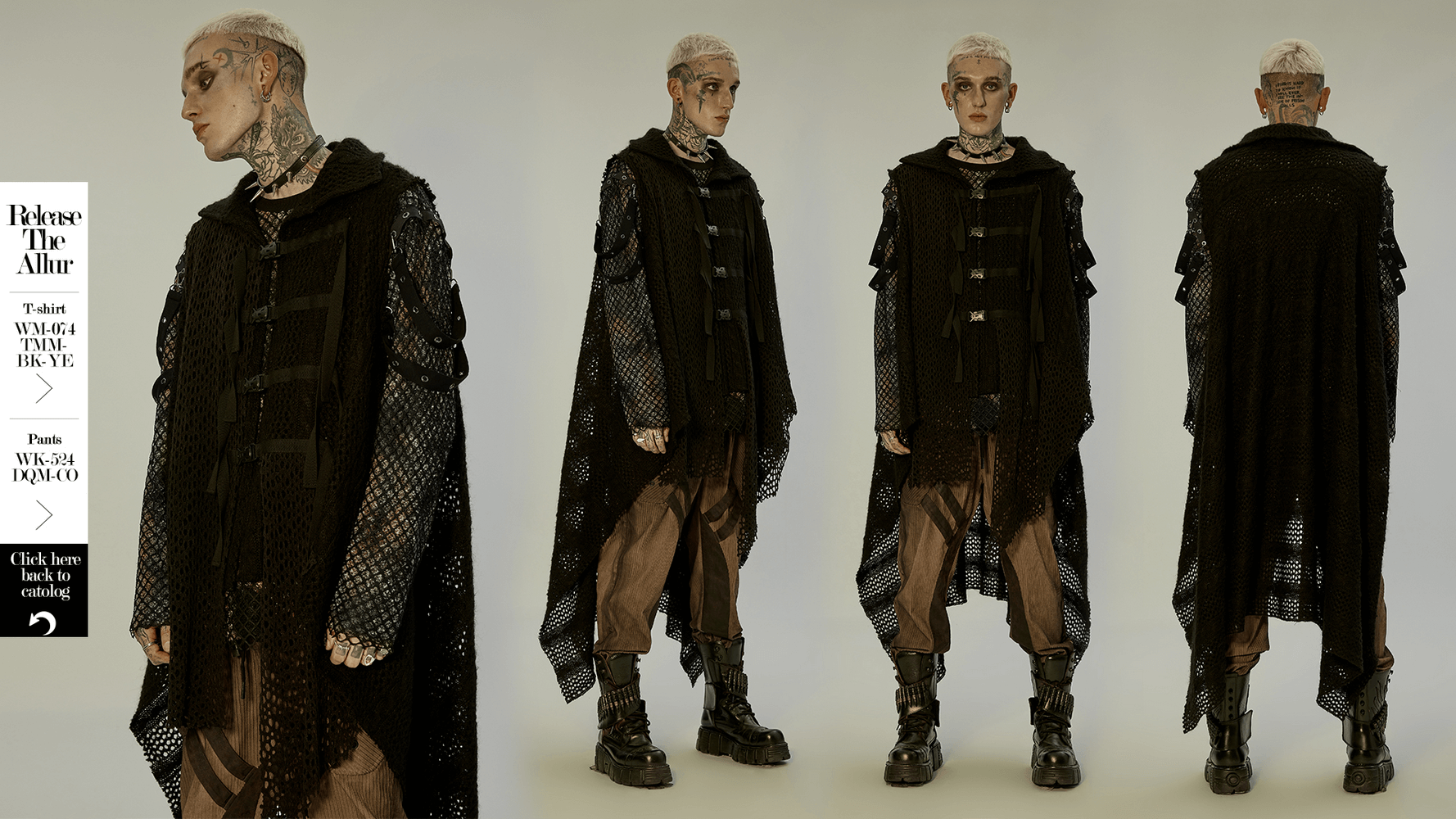 Post-apocalyptic knitted gauze spliced cape showcasing webbing detail and dynamic style.