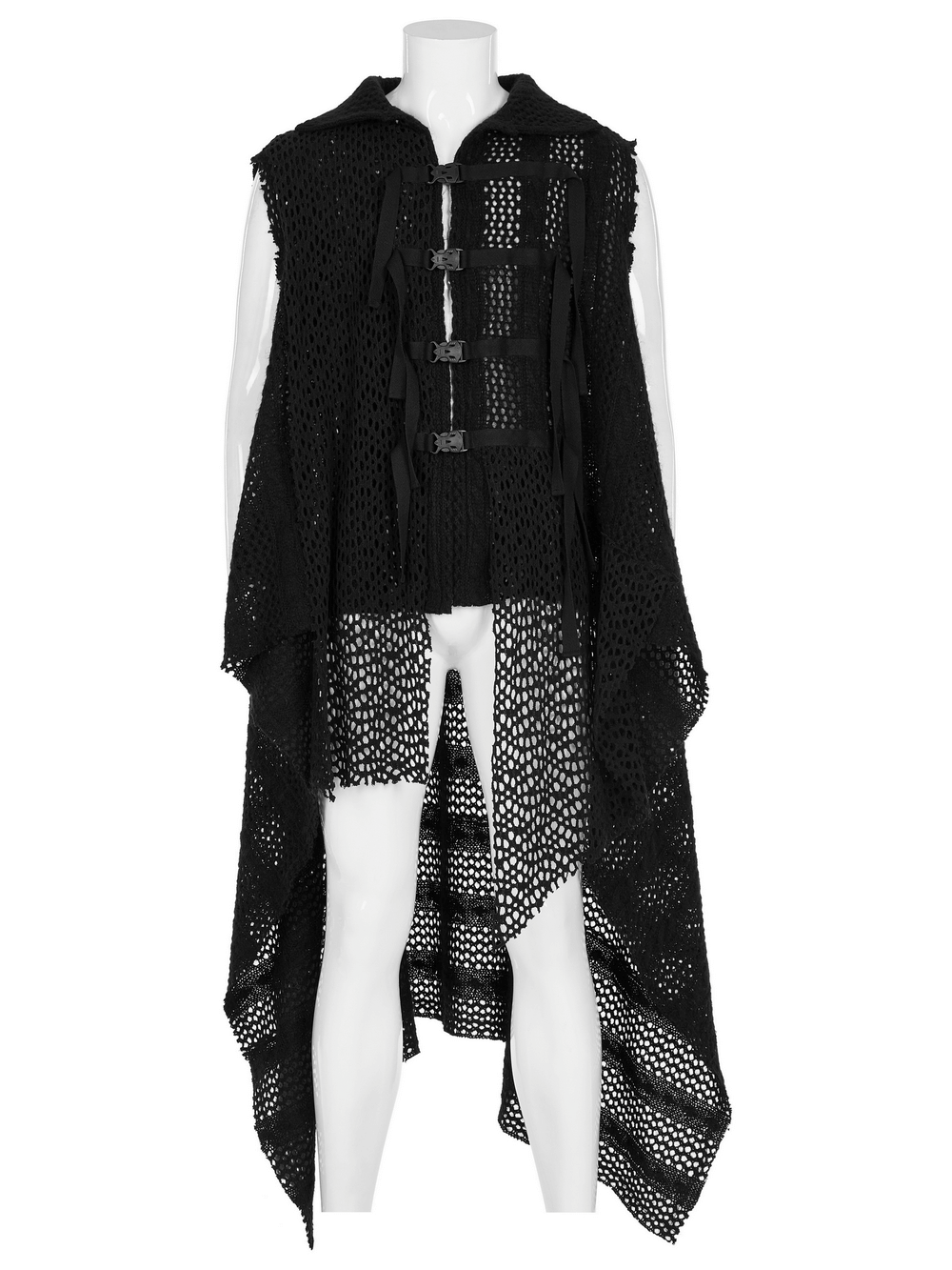 Edgy black knitted gauze cape with webbing details, perfect for post-apocalyptic alternative fashion.
