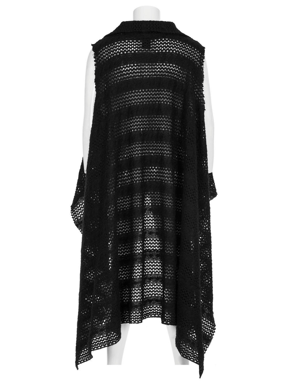 Back view of edgy black knitted gauze cape with splicing and webbing detail, perfect for post-apocalyptic fashion.