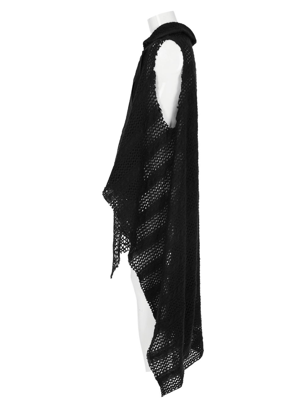 Side view of edgy post-apocalyptic knitted gauze cape with webbing detail, showcasing its unique design and spliced fabric.